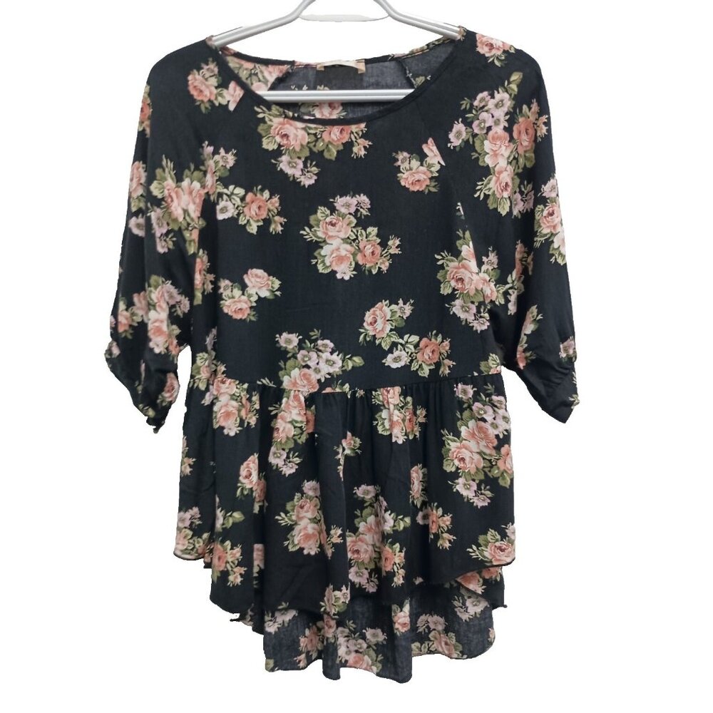 Altard State Womens Babydoll Top Small Black Floral Short Sleeve BOHO Festival
